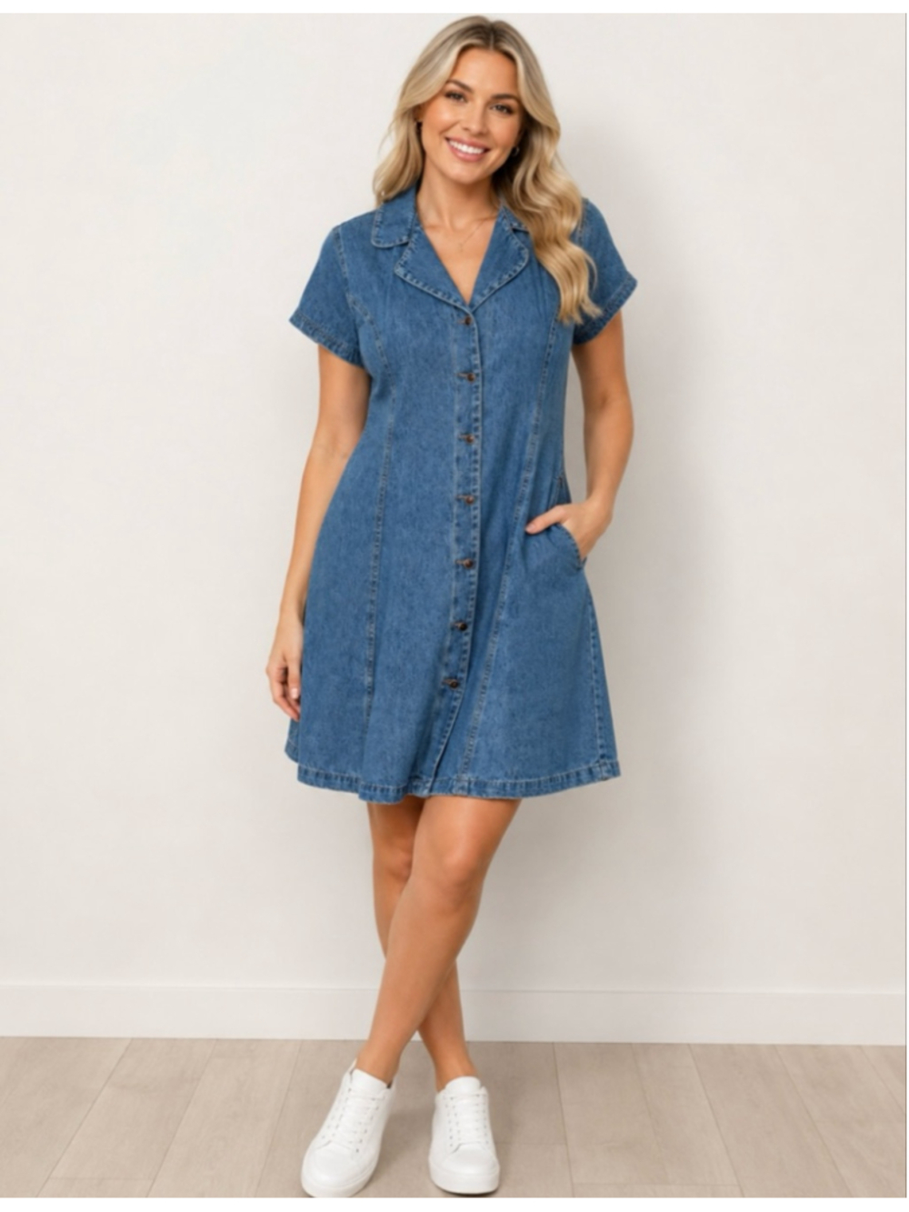 90s Denim Fit and Flare Mini Dress Blue Denim Button-Front Dress Collar Pockets